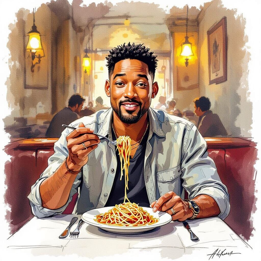Will Smith Enjoys Spaghetti in Rockwell Style