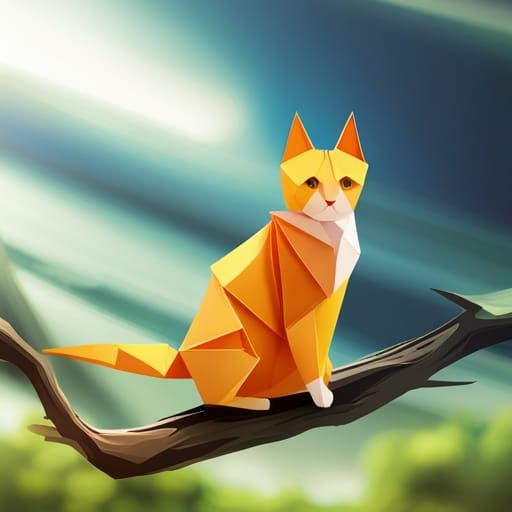 Origami Black Cat Perched on Branch