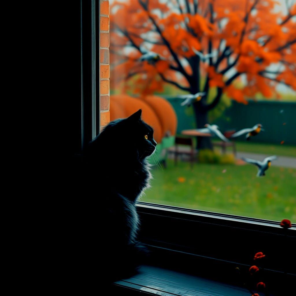 Fluffy Black Cat Watching Birds: Fantasy Concept Art
