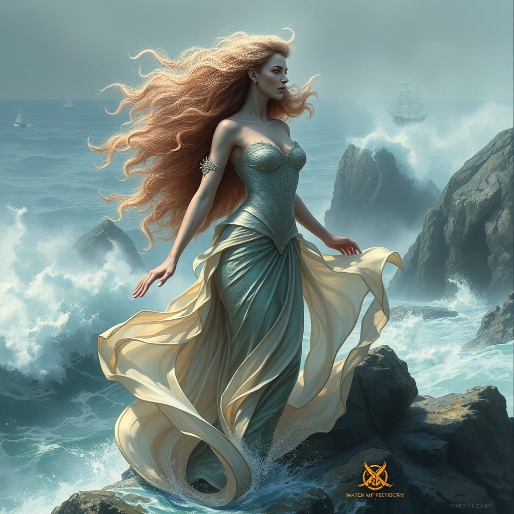 Mystical Siren Weaves Spell of Doom on Rocky Coastline