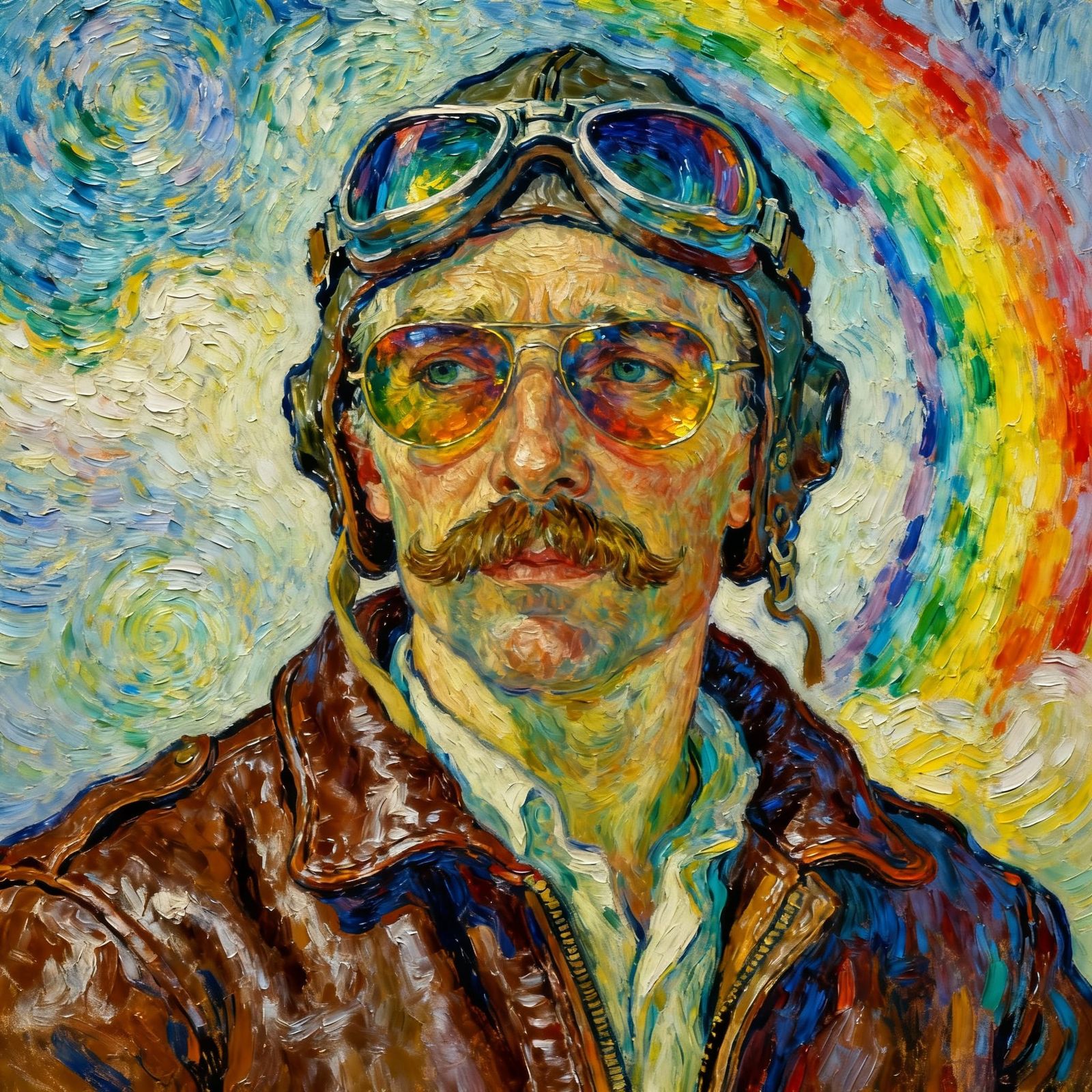 Impressionist Aviator Portrait with Rainbow Sky