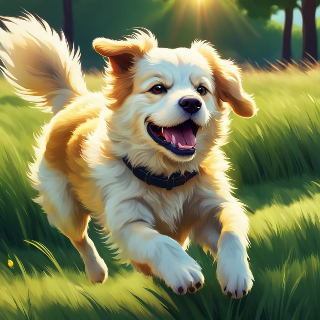 Vibrant Dog in a Sunlit Field, Pixar Style