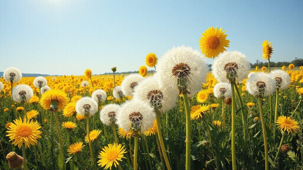 Giant Dandelions Field: Surreal Gouache Watercolor Impressio...