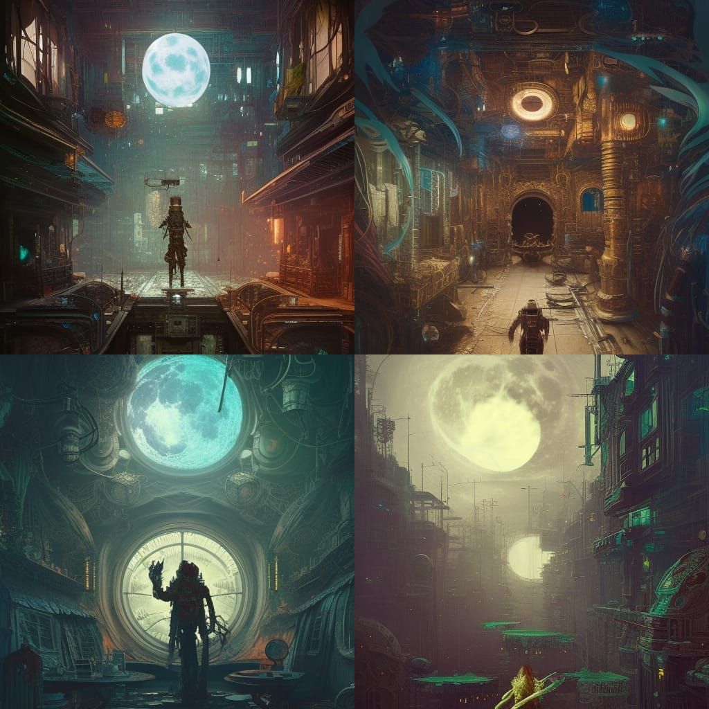 Steampunk Living Space in Moonlit Photo