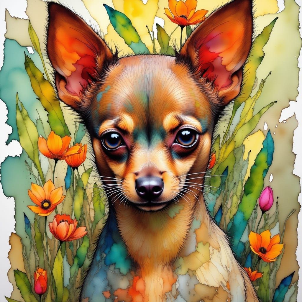 Chihuahua in Spring Garden: Impressionist Alcohol Ink Art