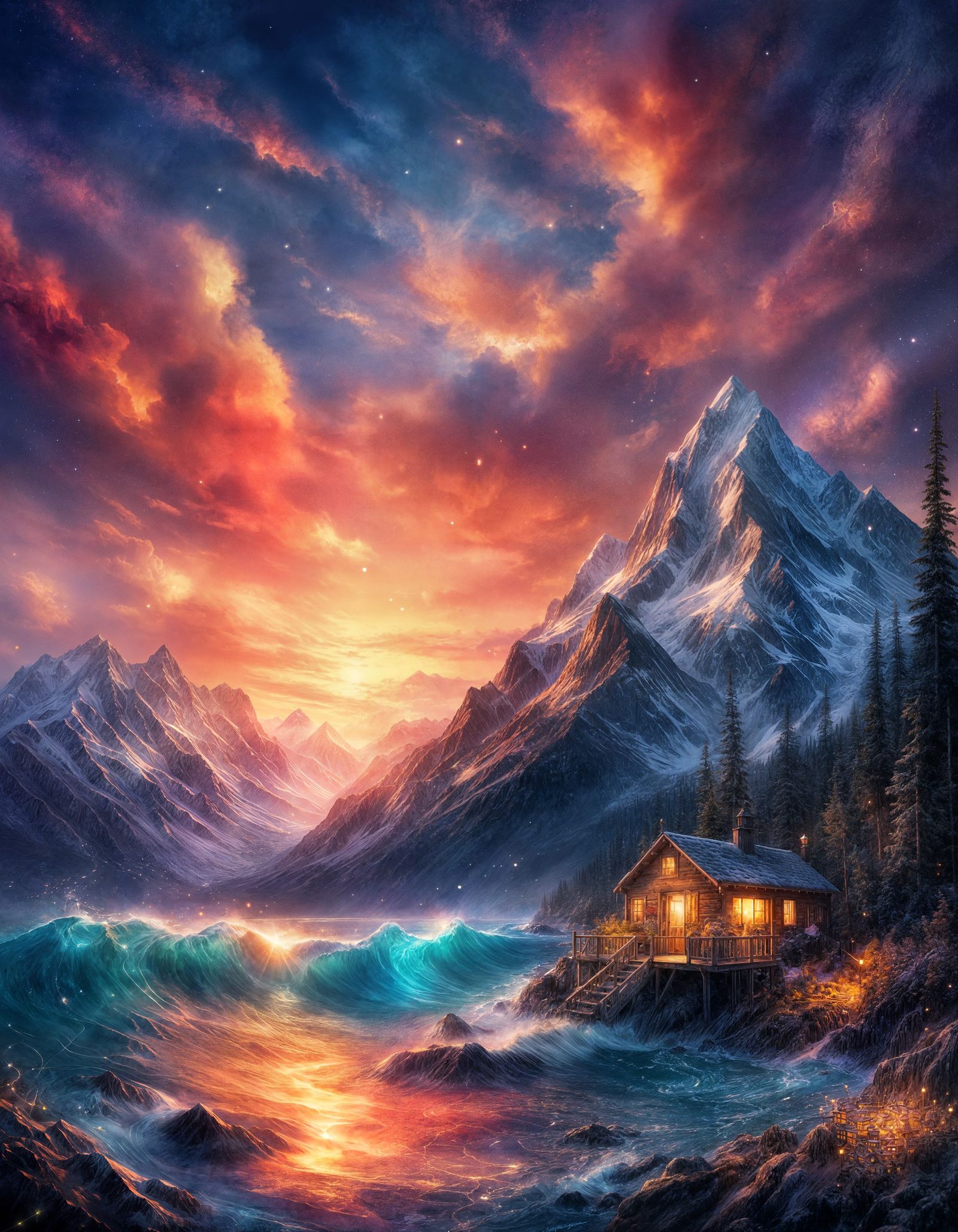 Old Kenai Alaska Sunset in Watercolor Style