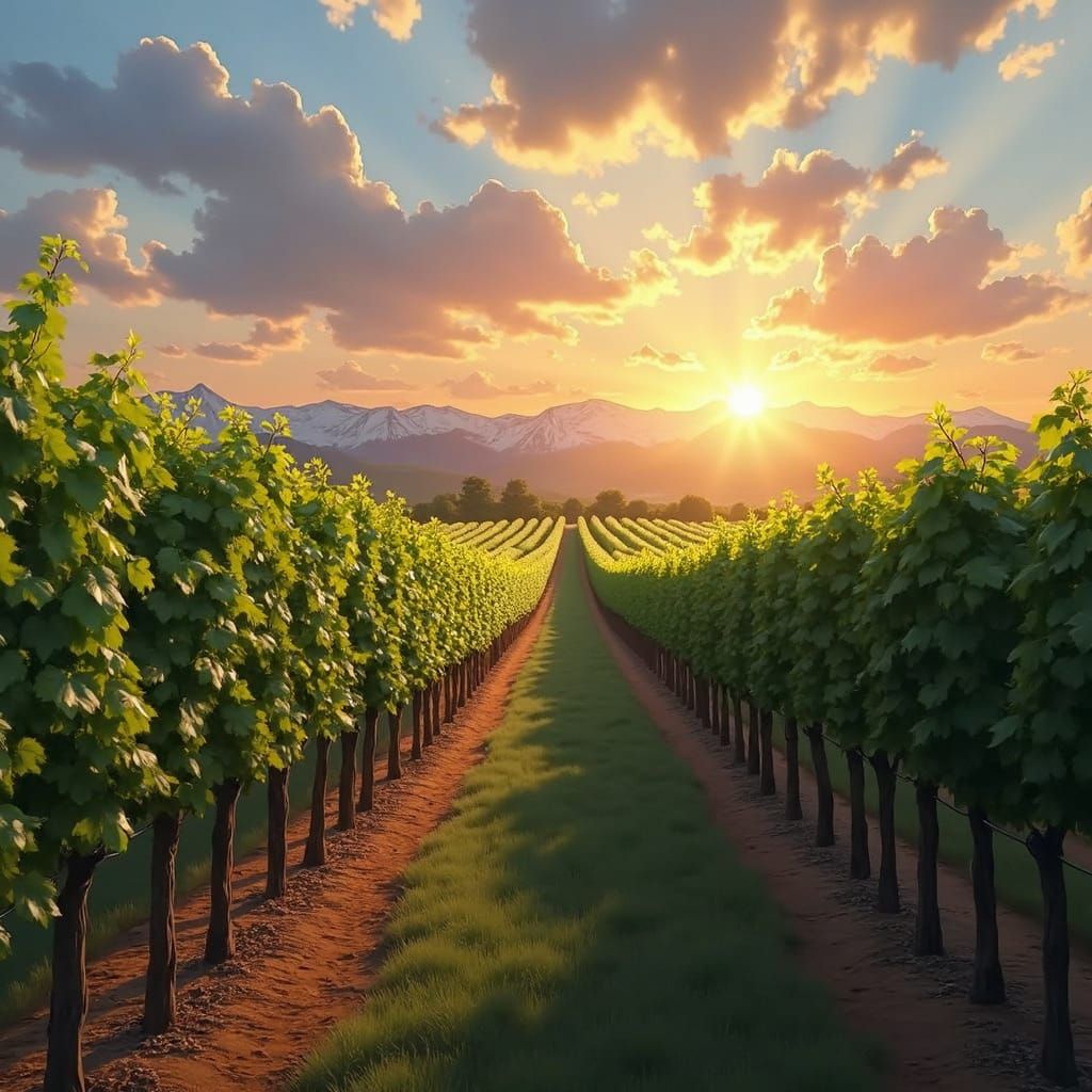 Vineyard Sunset with Snow Mountains as Impressionist Paintin...