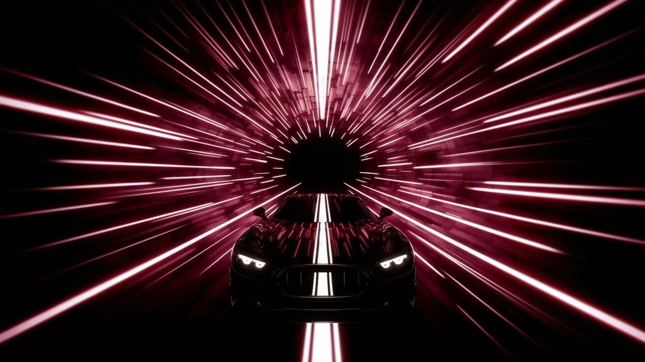 Surreal Distorted Car in Vivid Red Tunnel