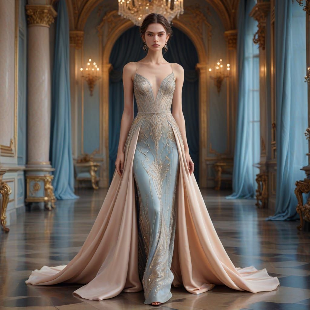 Luxurious Silk Gown in Soothing Pastels, Haute Couture Elega...