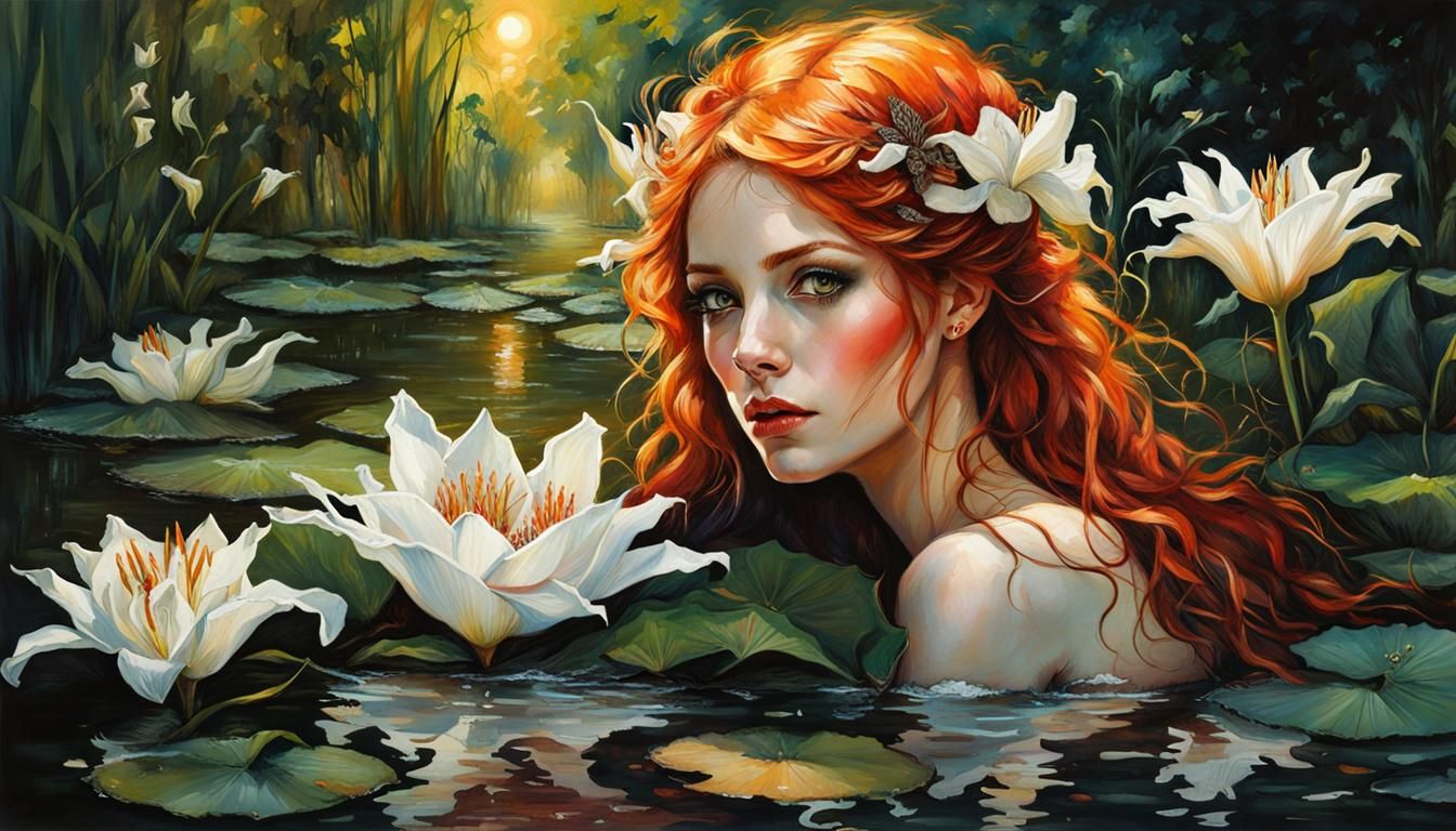 Redhead in Lily Pond: A Fantasy Garden
