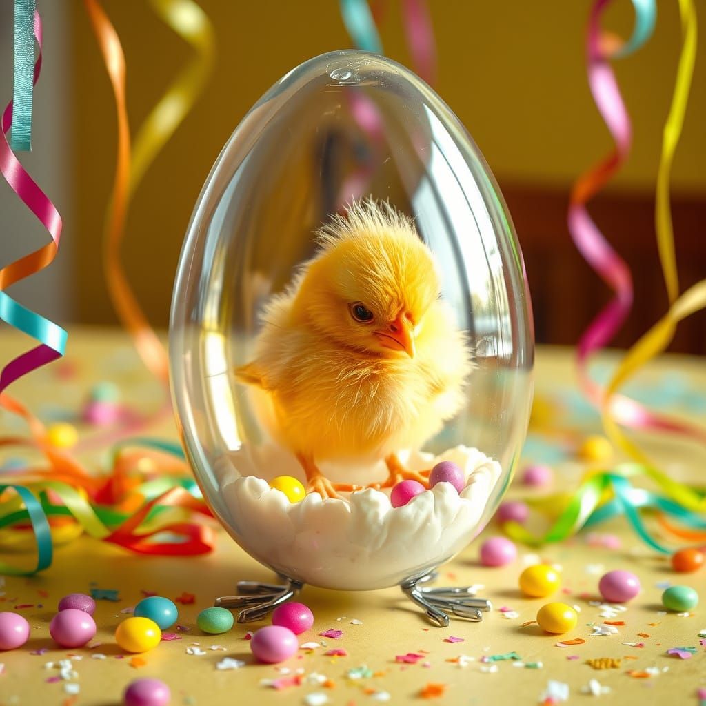 Whimsical Easter Egg Scene with Adorable Yellow Chicken