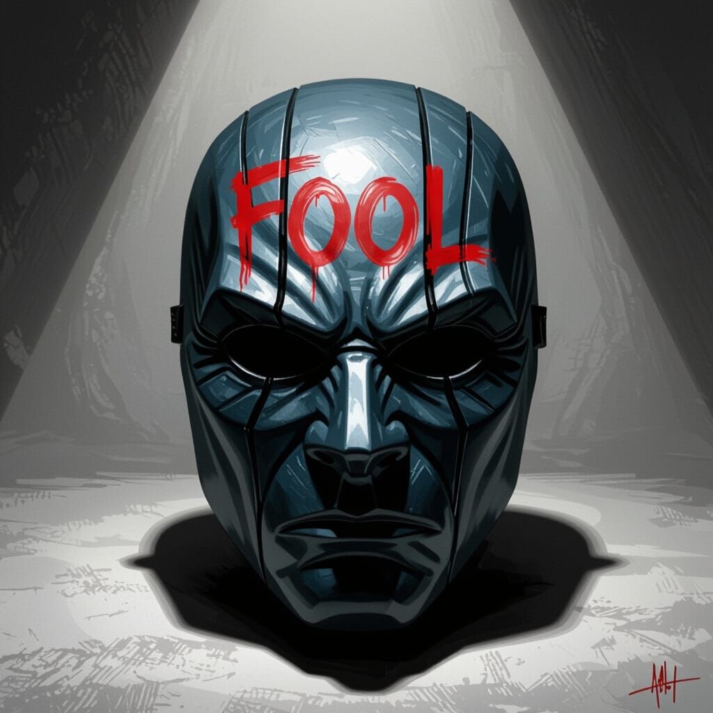 Dark Leather Vigilante Mask with FOOL Scrawled Across Forehe...