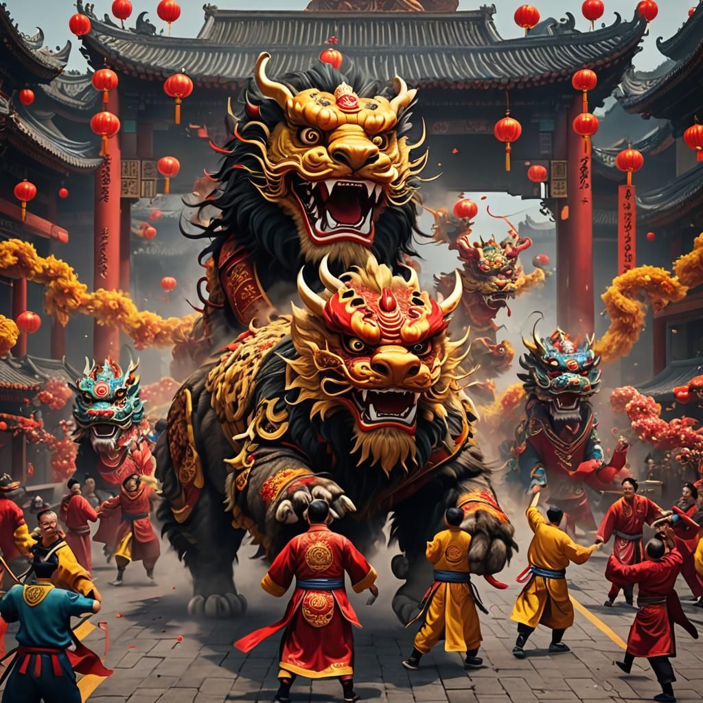 Chinese Lion and Dragon Dance: Fantasy Concept Art