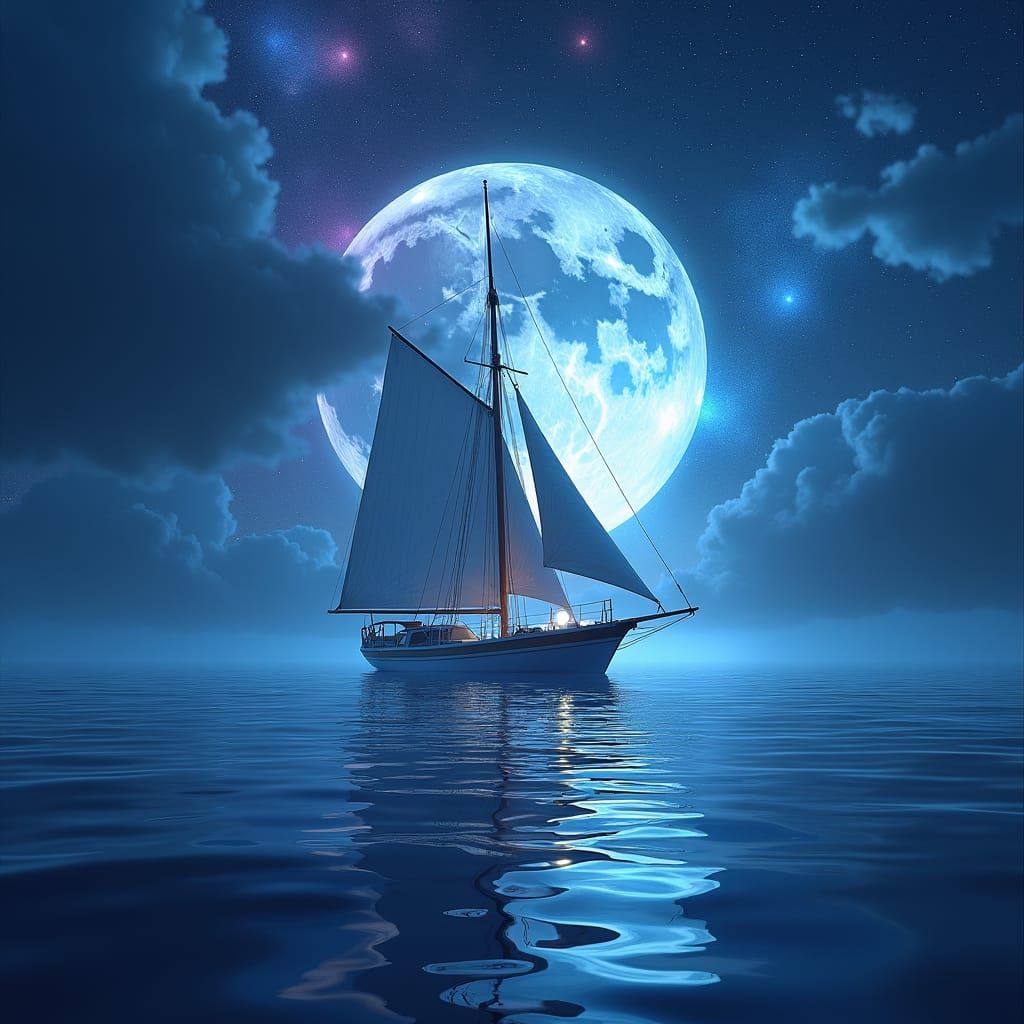 Majestic Sailboat in Ethereal Moonlight: Fantasy Art
