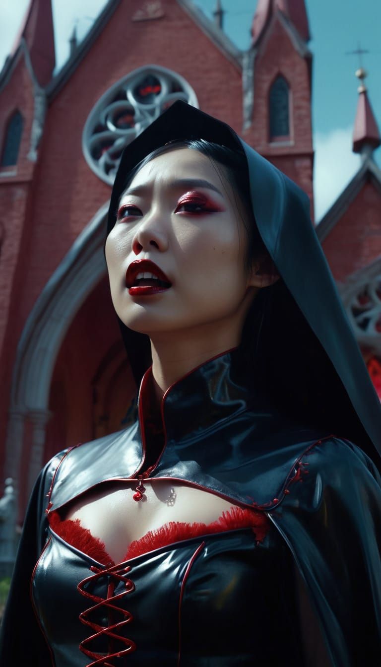 Gothic Punk Vampire Nun with Fiery Red Eyes and Lips