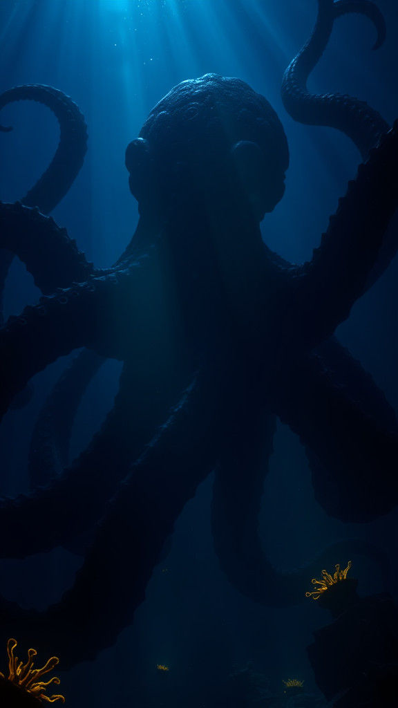 Kraken Silhouette in Murky Depths, Dark Fantasy Style