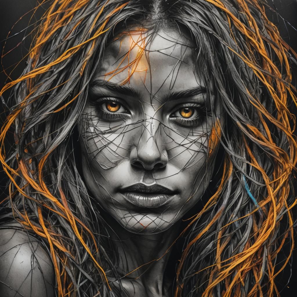 Expressive Charcoal Portrait of Woman with Glowing Strings