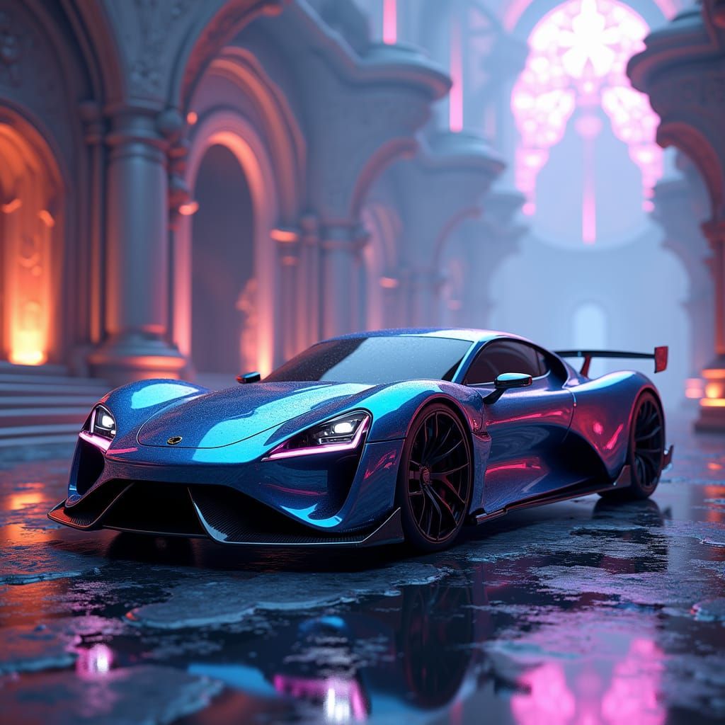 Tyrian-Blue Sports Car in Mystical Realm