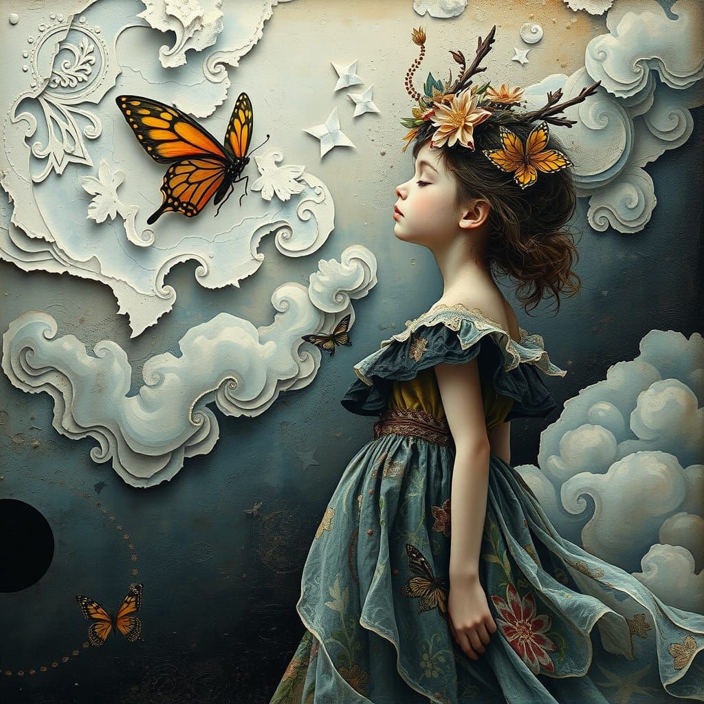 Girl's Dream: Butterfly Escapes in Impasto Style