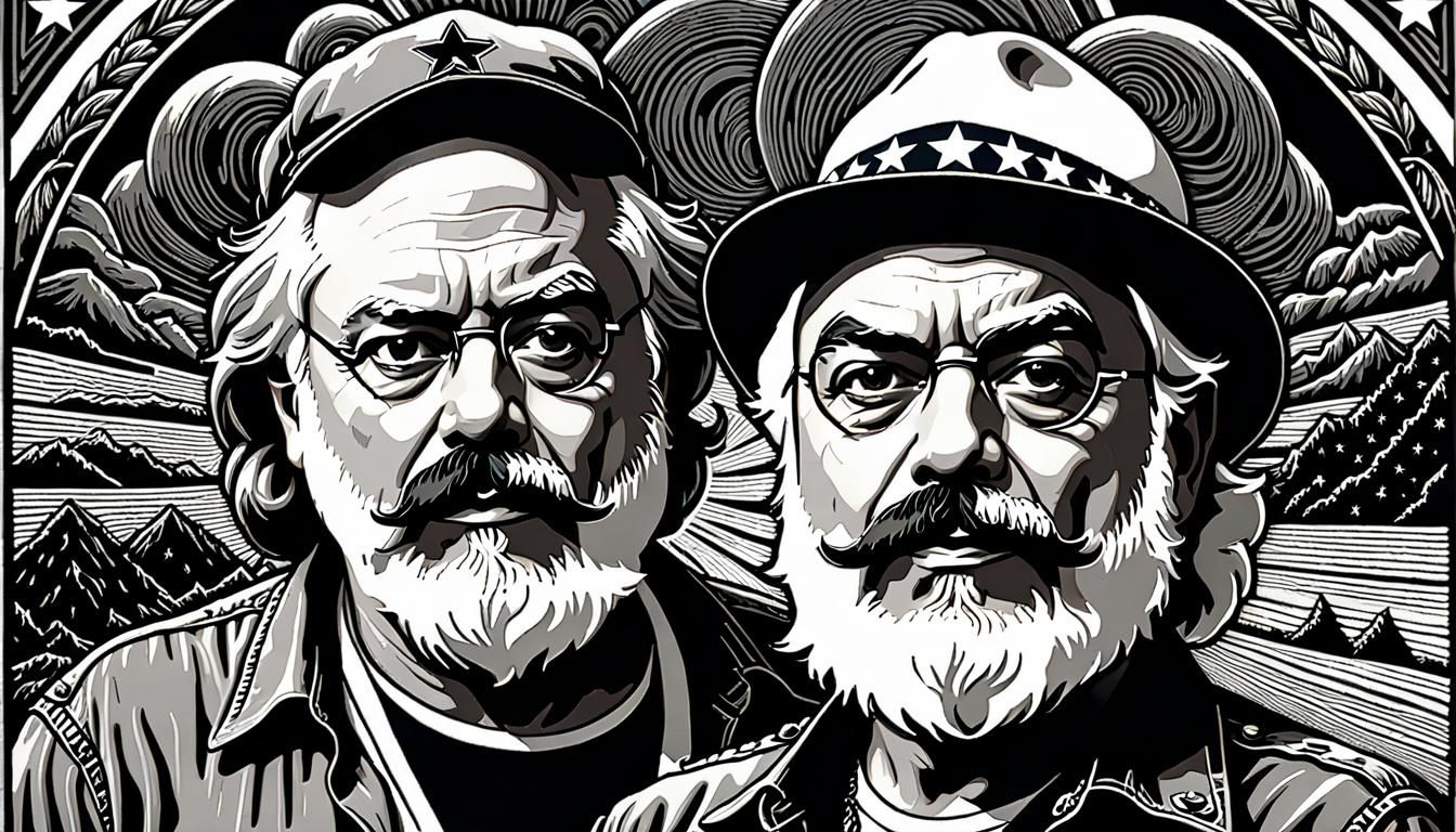 Nick Offerman and Bernie Sanders as Cheech and Chong. Woodcut, linocut