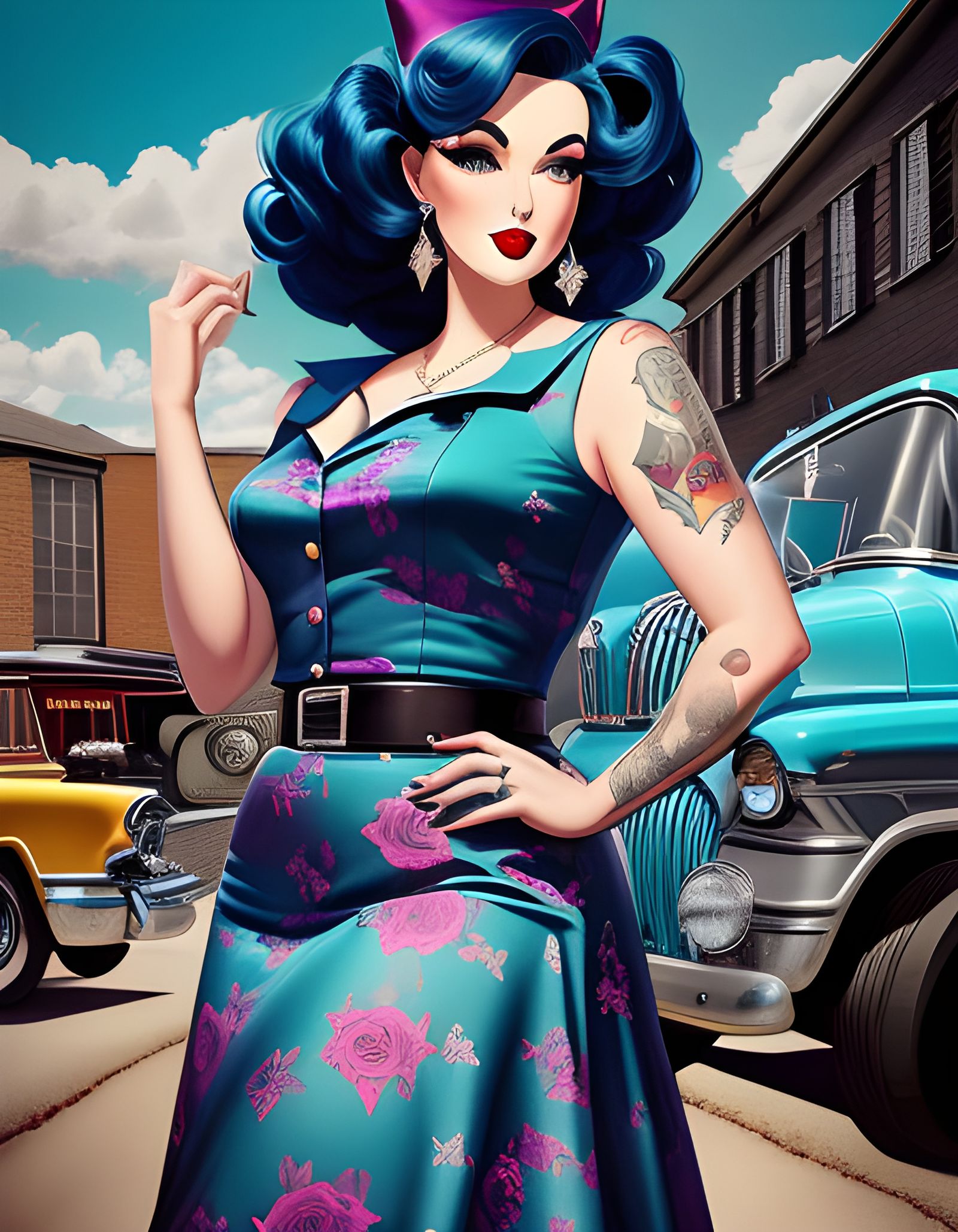 Rockabilly Elf Woman Leaning on 1957 Chevy Truck