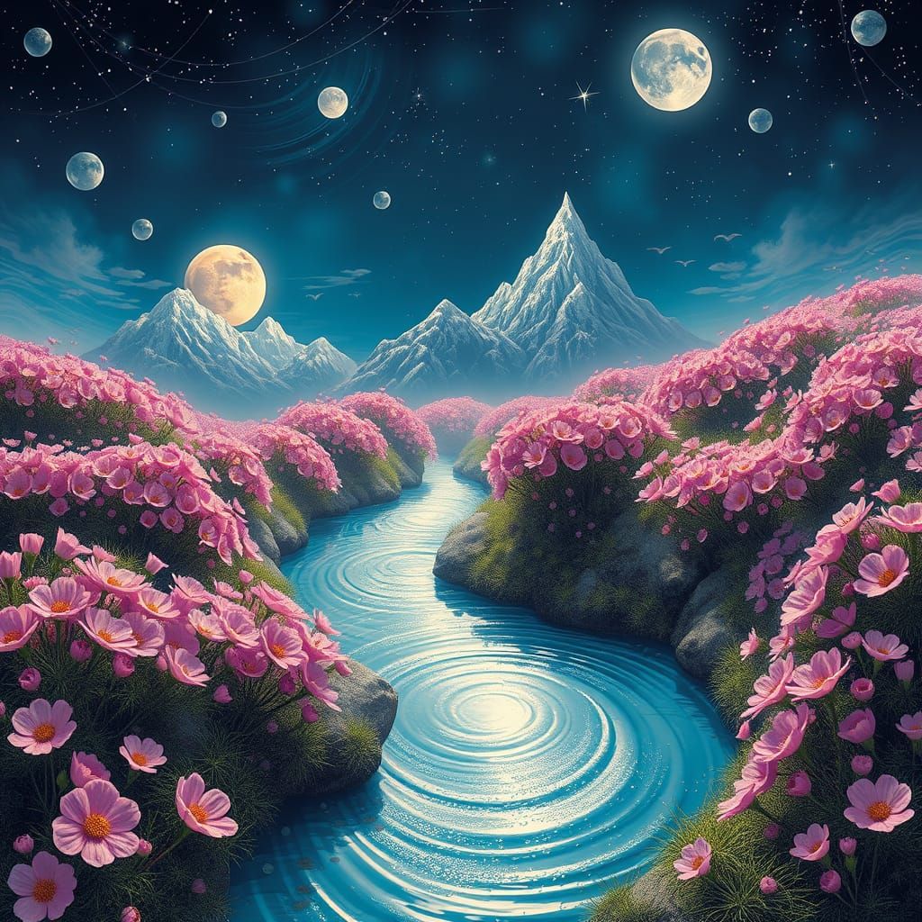 Fantastical Windswept Landscape with Blooming Blossoms and S...