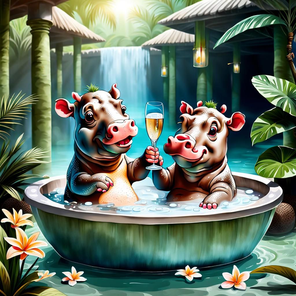 Baby Hippos Enjoying Champagne in Tropical Spa
