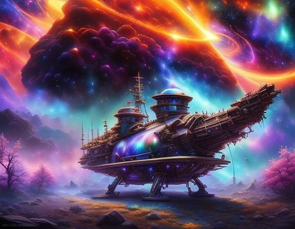 Crashed Starship on Alien Planet in Cosmic Style