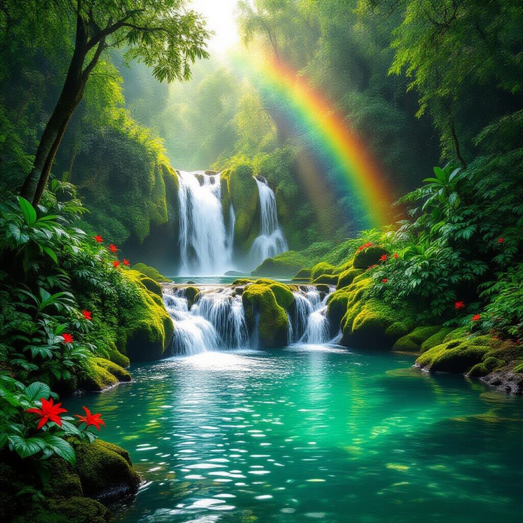 Tropical Waterfall with Rainbow in Jungle Landscape