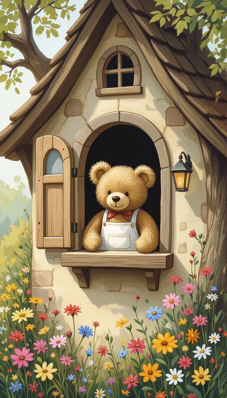 Cozy Treehouse Bakery with Teddy Bear in Sun-drenched Oak