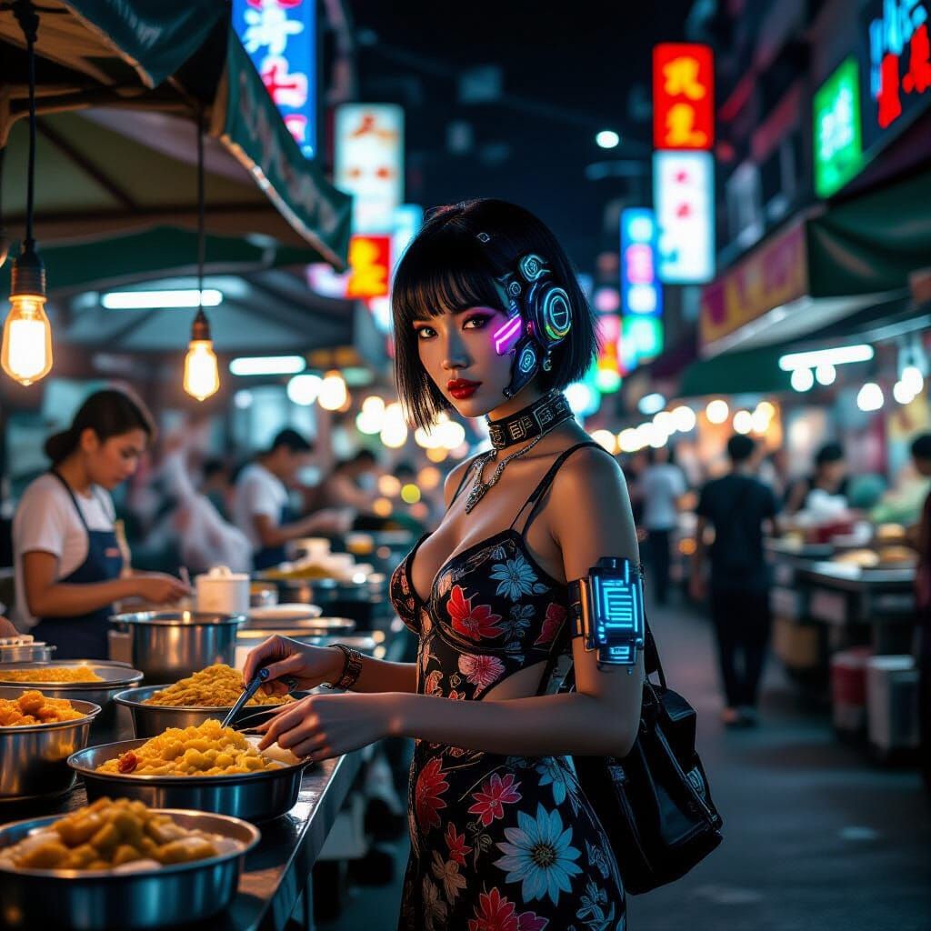 Cyberpunk Photographer Captures Bangkok Night Market Scene