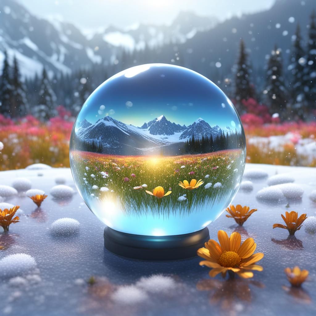Flowery Meadow Inside Glass Sphere in Winter