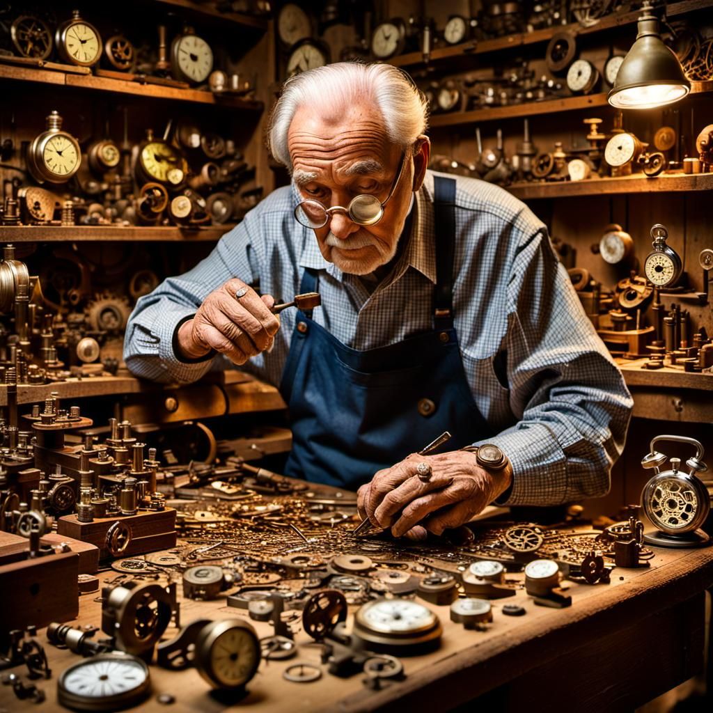 Elderly Watchmaker in Nostalgic Workshop: 3D Digital Art