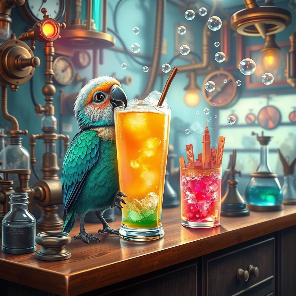 Steampunk Laboratory with Fizzy Drink and Kaka Bird