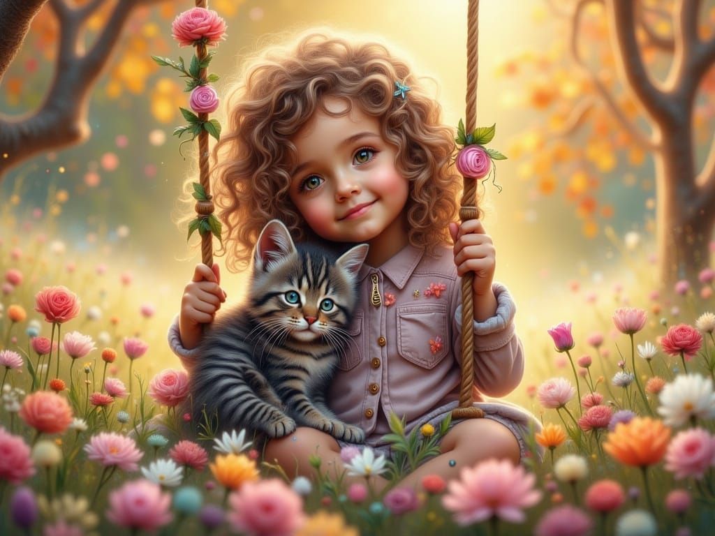 Whimsical Springtime Scene with Girl and Kitten