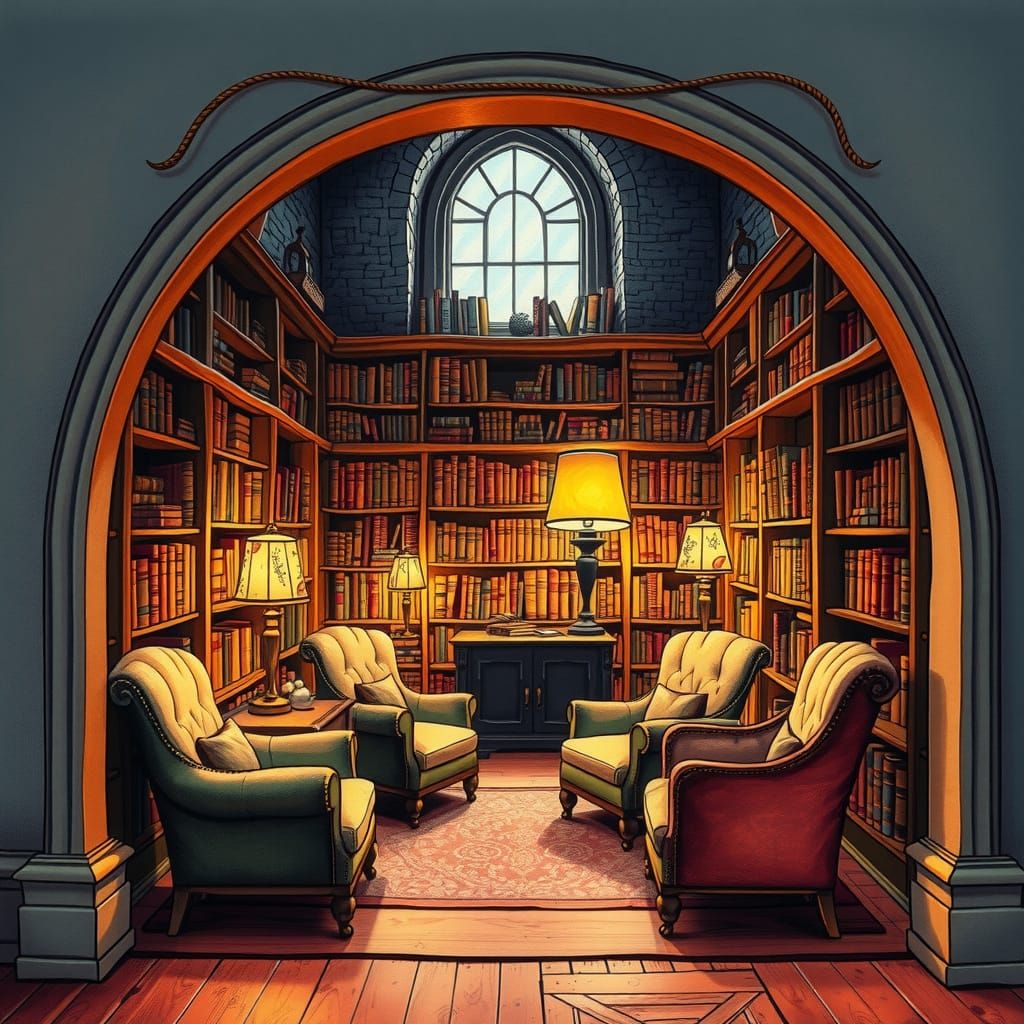 Cozy Library Viewed Through Whimsical Mouse Hole