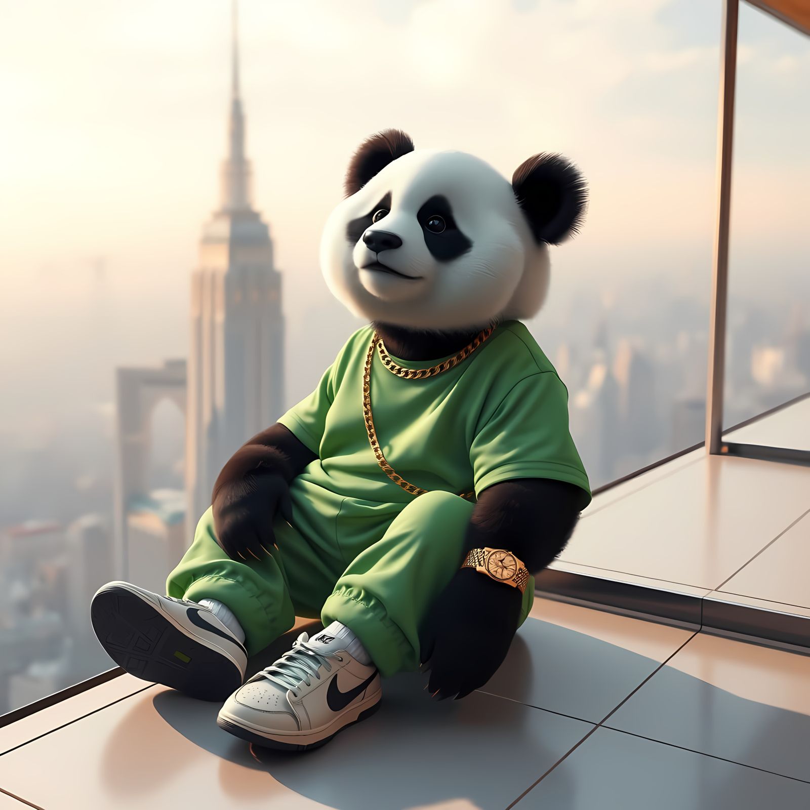 Surreal Panda in Casual Attire Admires Cityscape in Soft Lig...