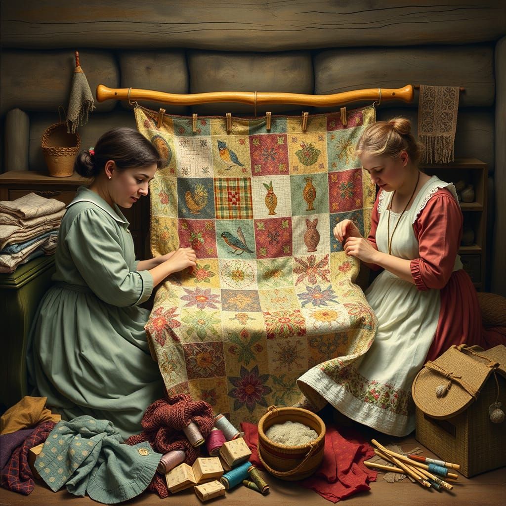Cozy Quilting Scene in Folk Art Style