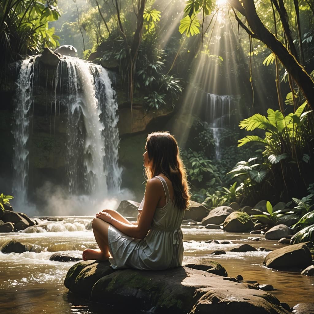Girl in Jungle Waterfall with Divine Light