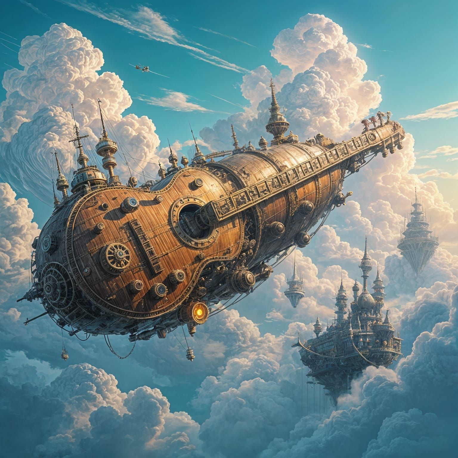 Steampunk Guitar Airship Over Alien Cities