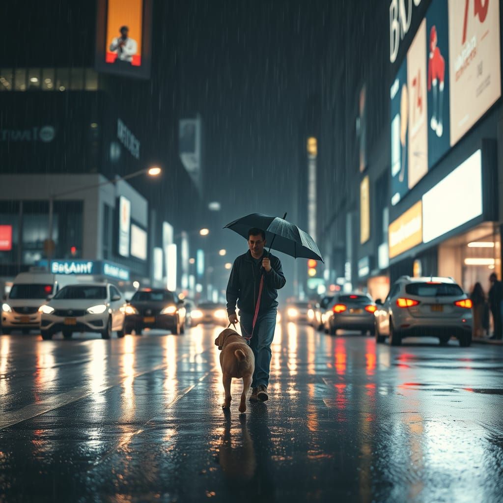 Man and Dog in Rainy City Street Photograph