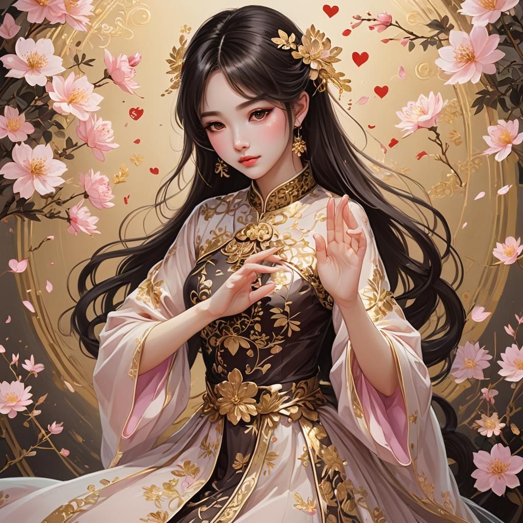 Anime Painting: Beautiful Woman with Golden Dress