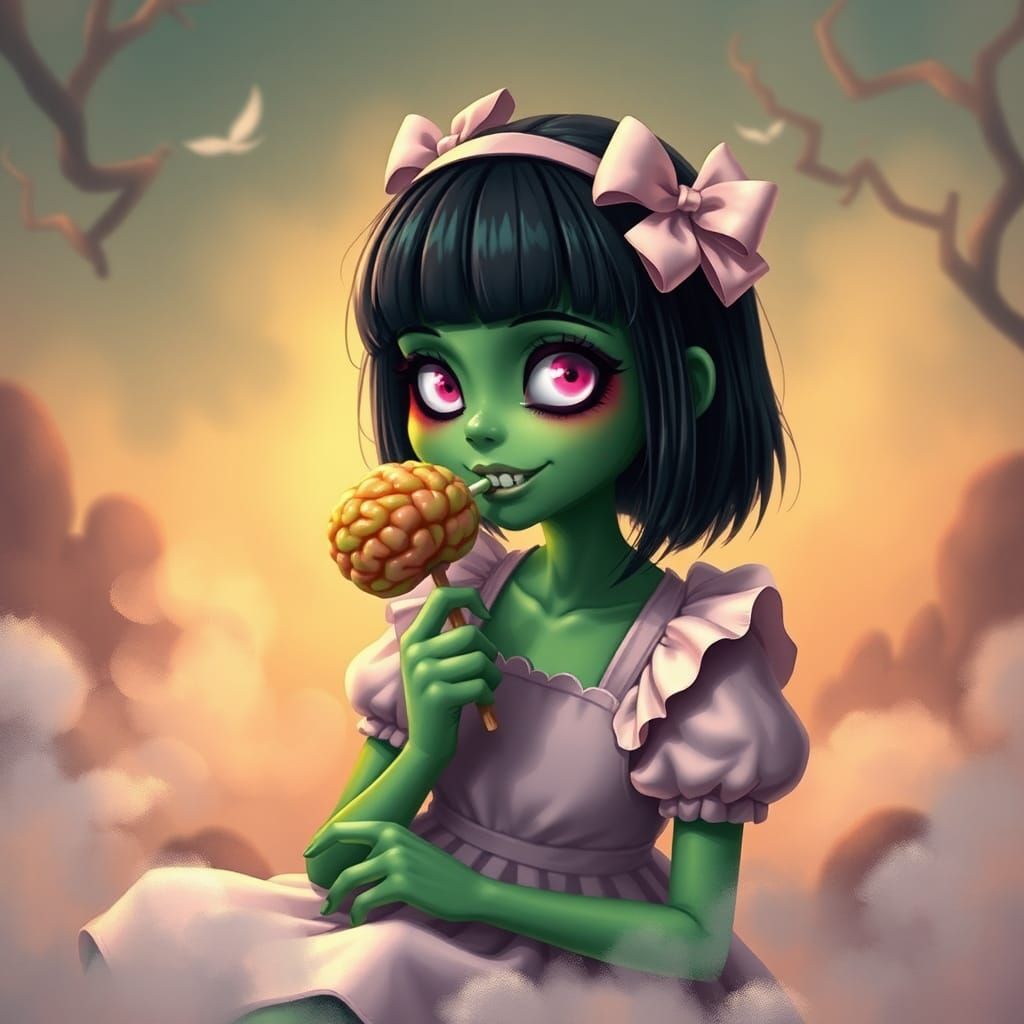 Endearing Zombie Woman with Brain Lollipop in Dreamy Setting