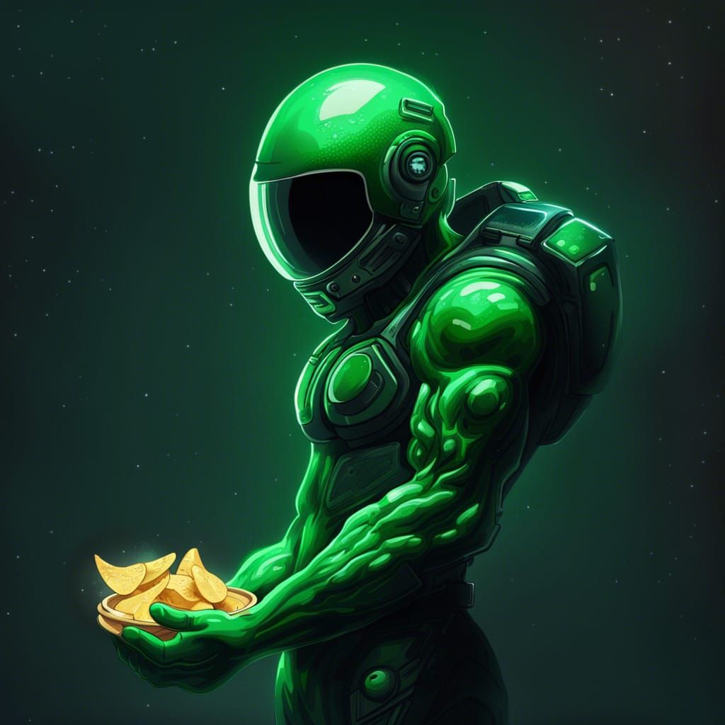 Green Space Man Eating Chips with Aura