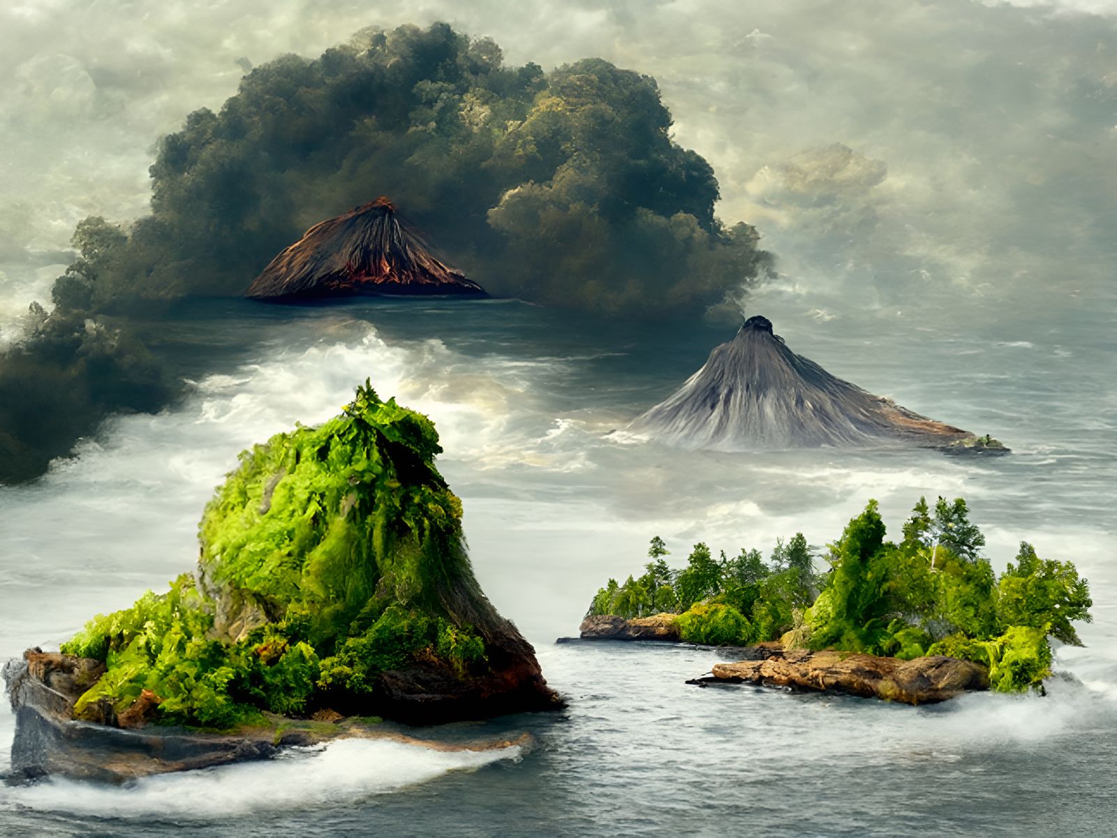 Ocean Volcano Island Vista in Painted Style