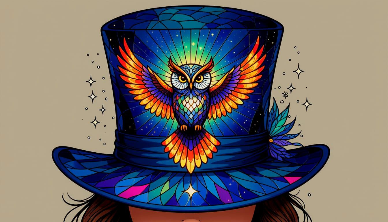 Celestial Aurora Owl Hat Design in Glowing Stained Glass