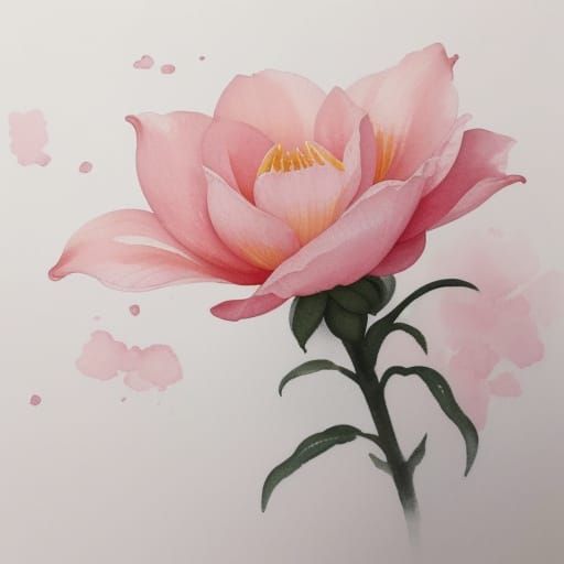 Vibrant Pink Flower Opens Petals in Ink Wash Art
