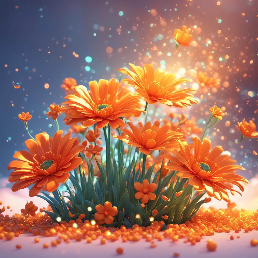 Sparkling Orange Flowers in 3D Digital Art Style