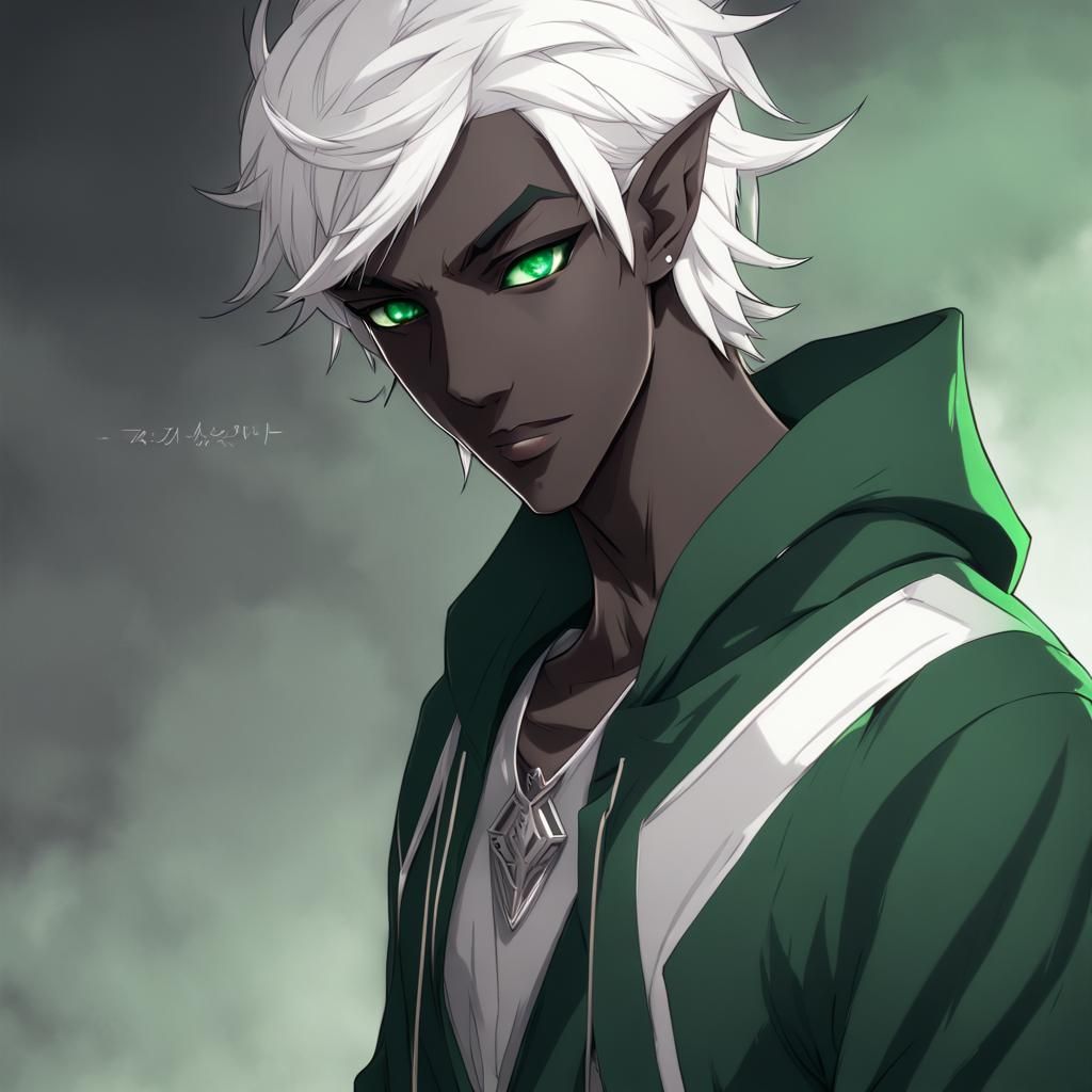 Drow Elf with Green Eyes in Anime Style