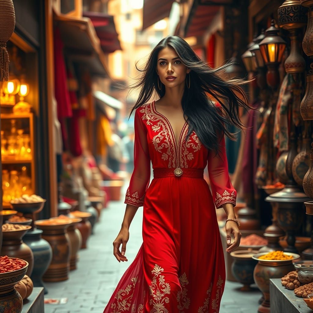 Vibrant Latina Woman Walks Through Marrakesh Souk in Warm Go...